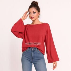 Hayden LA Flare Sleeve Boat Neck Pullover Sweater Red Knit Top Casual Size L